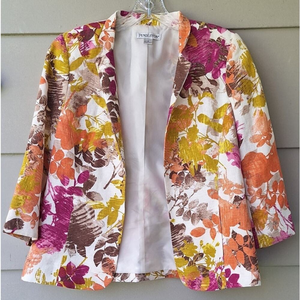 Pendleton Women's Linen Cotton Spring Summer Open Blazer Floral Multicolor S